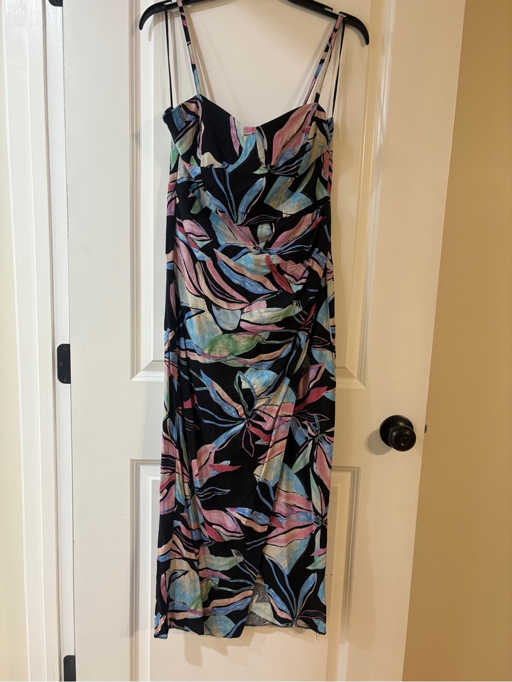 Zara Black Multicolor Tropical-Leaf Midi Slip Dress